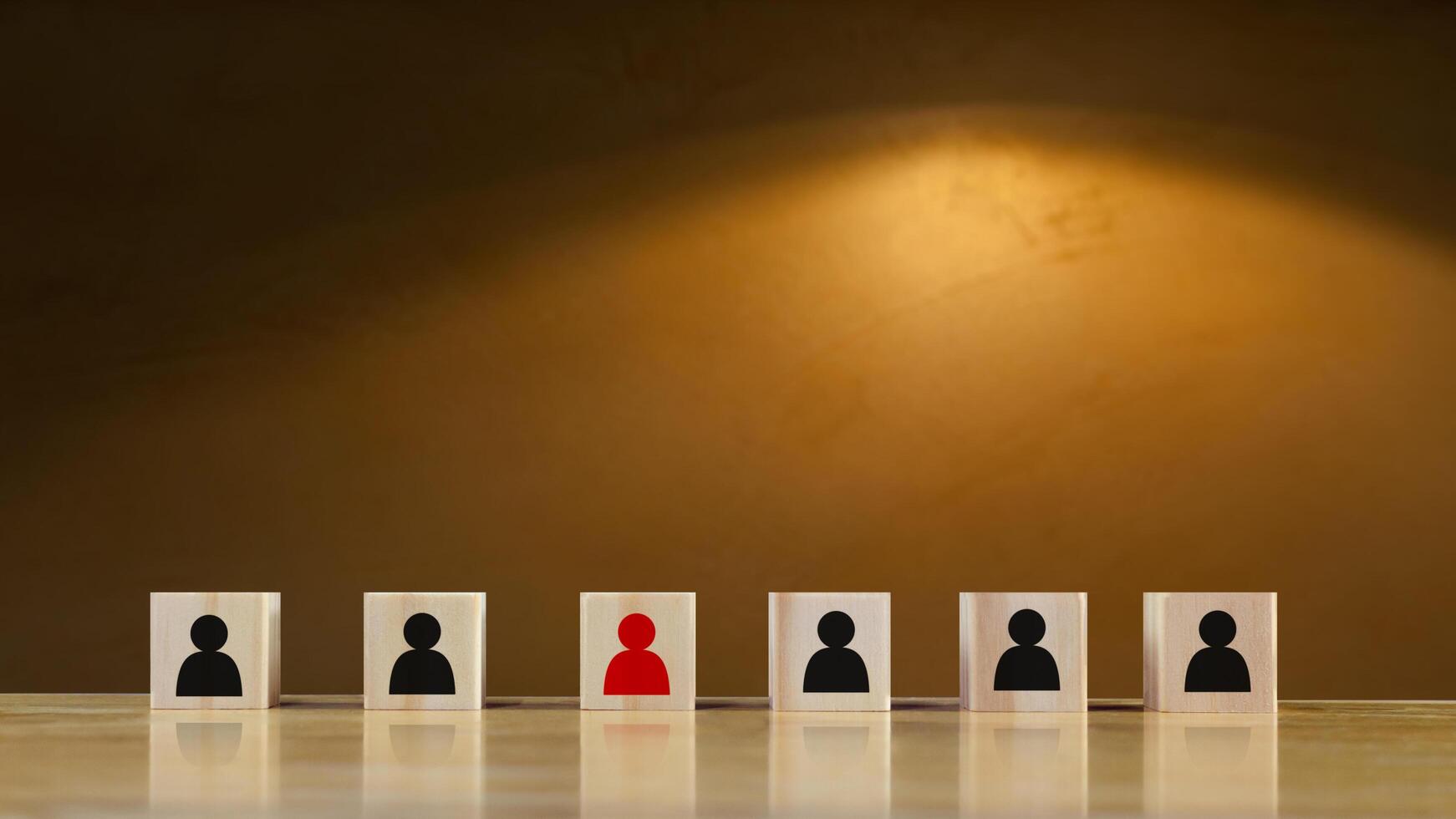 Human resources management and business hire recruitment concept, Corporate hierarchy, recruiter to complete team by leader person, professional staff search, icon on wooden cube. photo