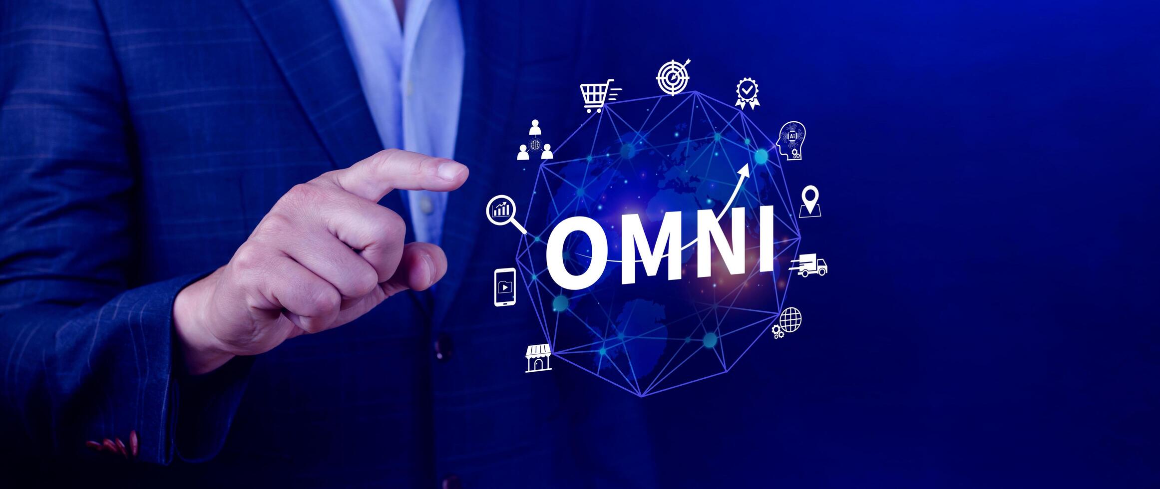 Omni Channel marketing Concept, Digital representation of OMNI CHANNEL marketing, e-commerce, delivery, social media marketing, analytics, customer service engagement. photo