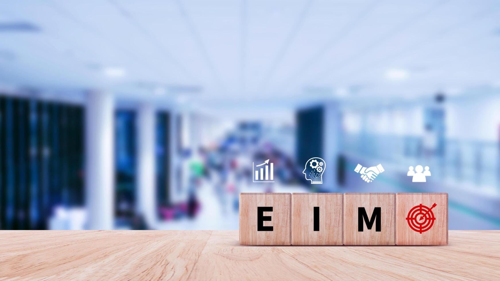 EIM Enterprise information management system on wooden cubes, EIM Global Network with Analyzing Technological Data, Efficient Information Management. photo