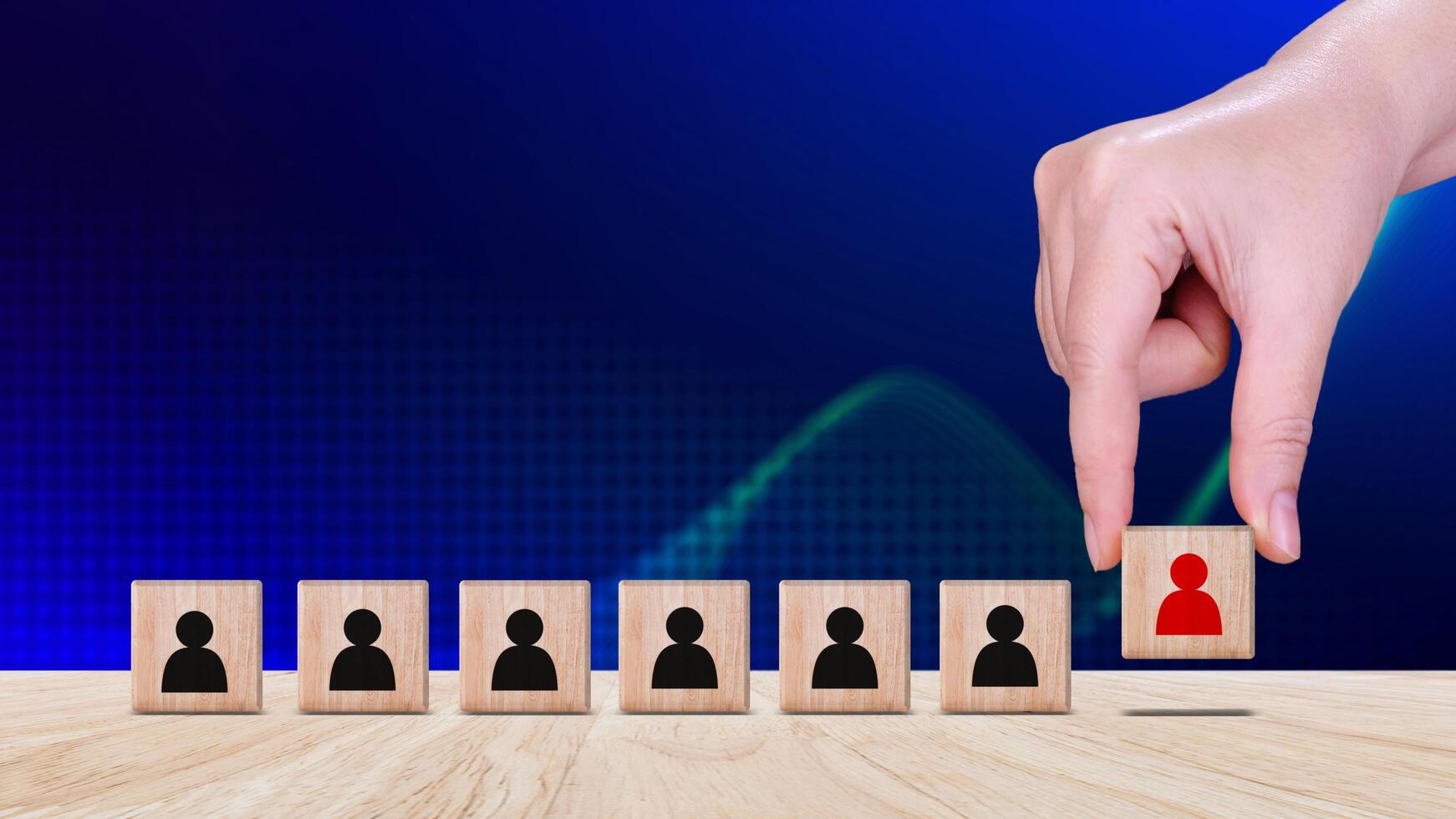 Human resources management and business hire recruitment concept, Corporate hierarchy, recruiter to complete team by leader person, professional staff search, icon on wooden cube. photo