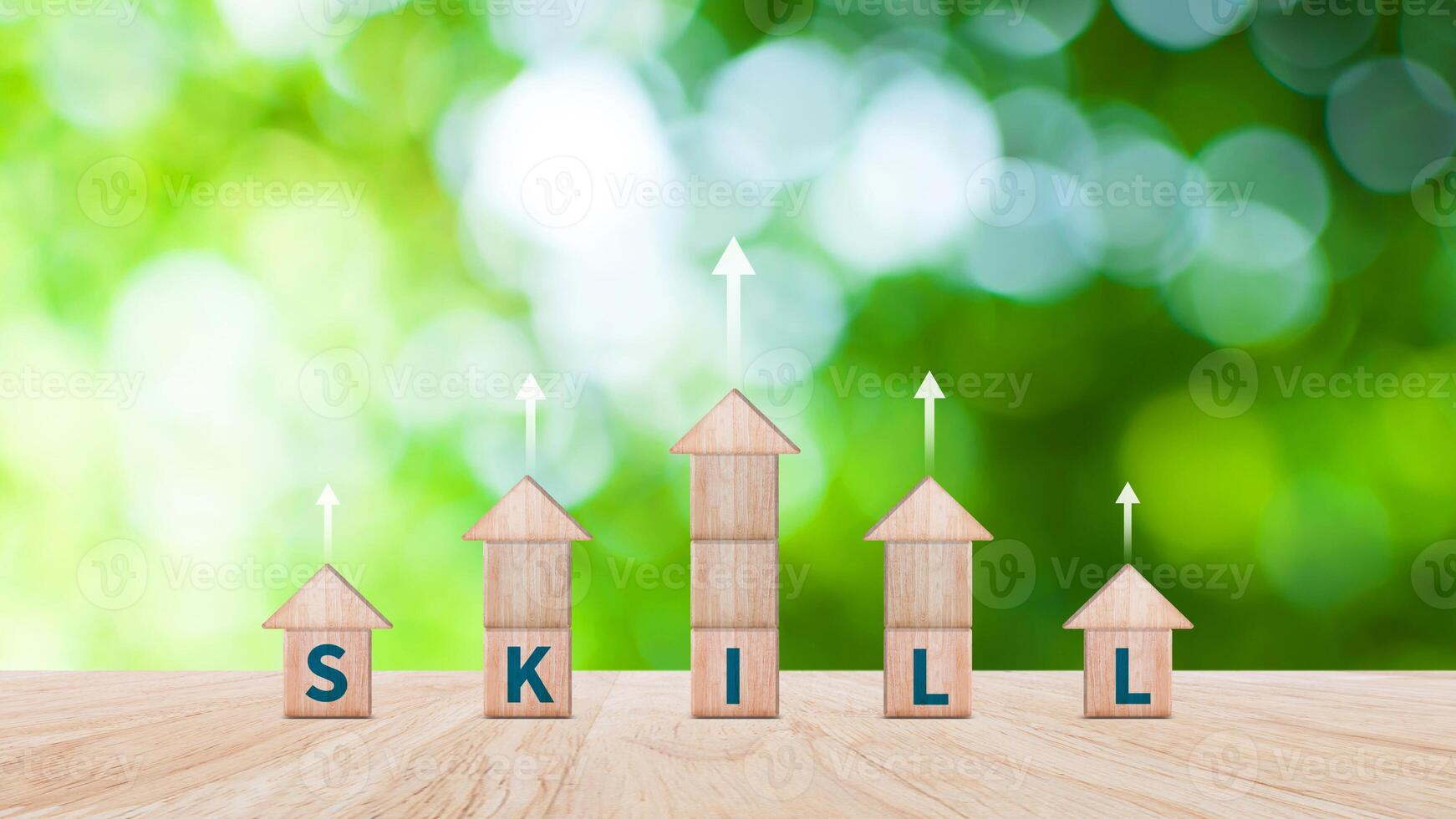 Skill training, Personal development and promoted employee, education, learning, ability, Upskilling and personal development concept, Upskilling, reskilling, new skills on wooden cube. photo