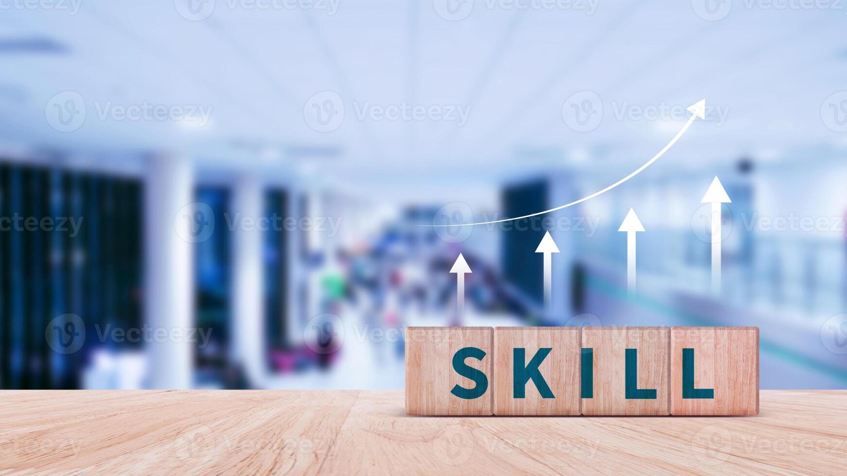 Skill training, Personal development and promoted employee, education, learning, ability, Upskilling and personal development concept, Upskilling, reskilling, new skills on wooden cube. photo