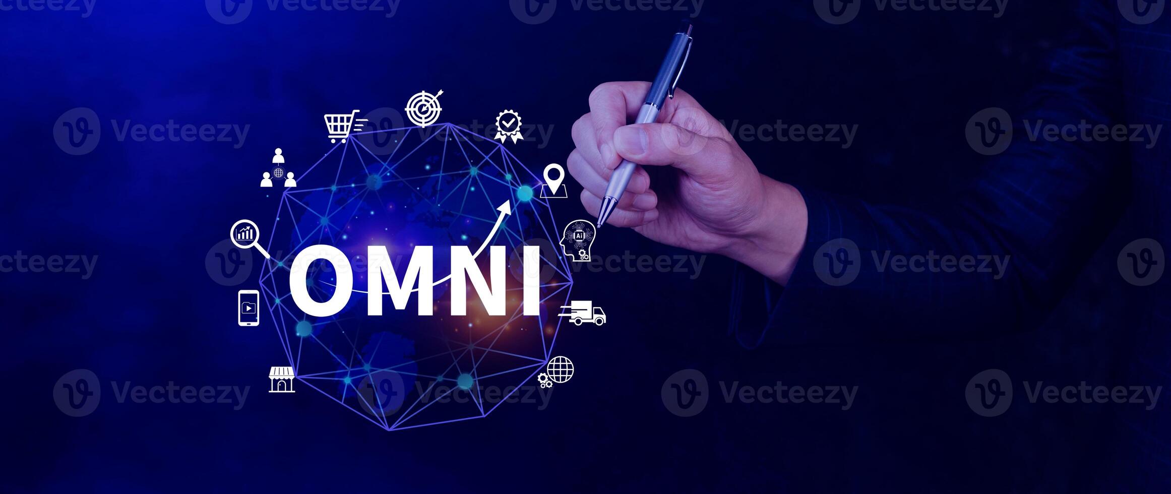 Omni Channel marketing Concept, Digital representation of OMNI CHANNEL marketing, e-commerce, delivery, social media marketing, analytics, customer service engagement. photo