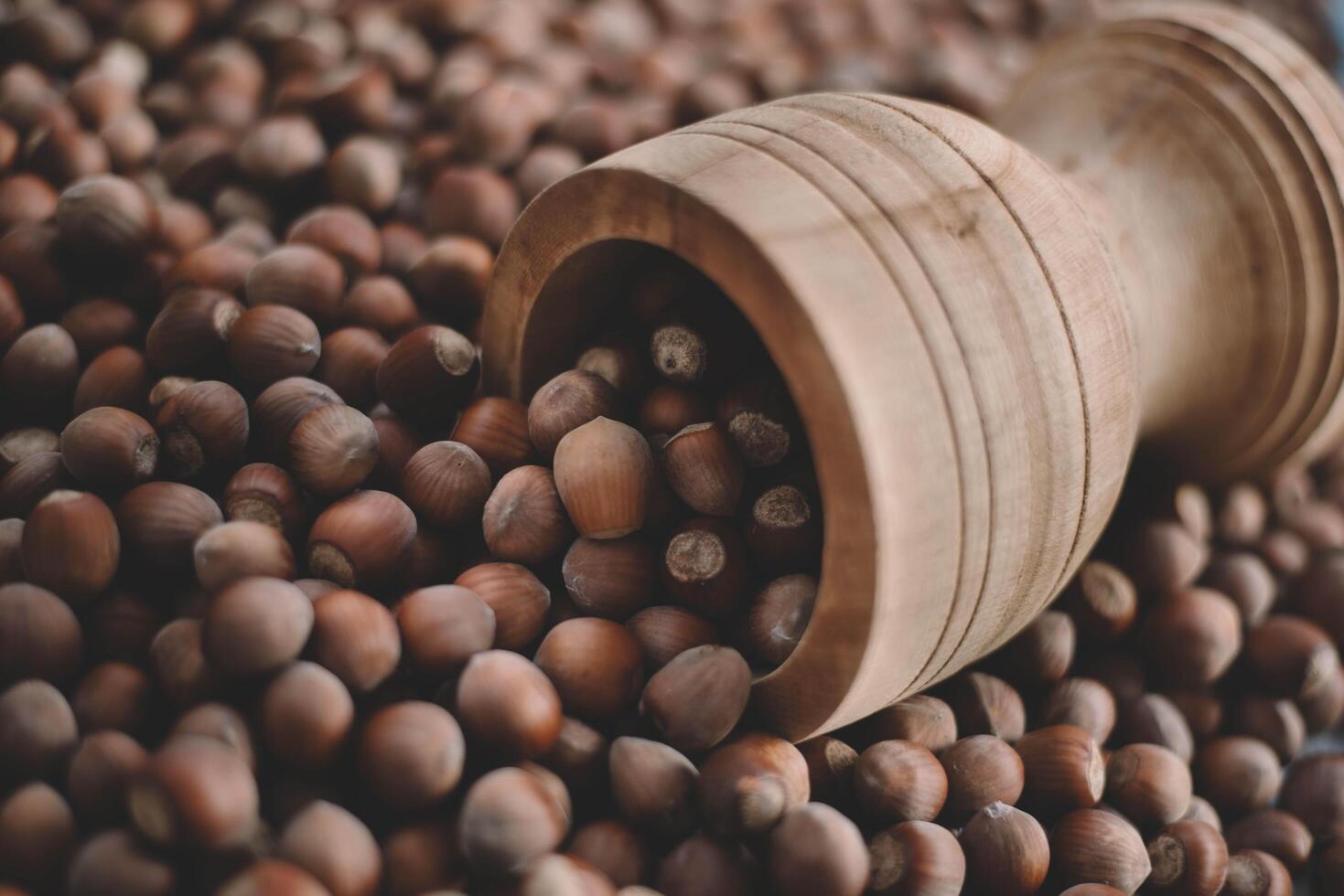 Hazelnuts in a wooden bowl on rustic background, Hazelnut background with green leaf photo