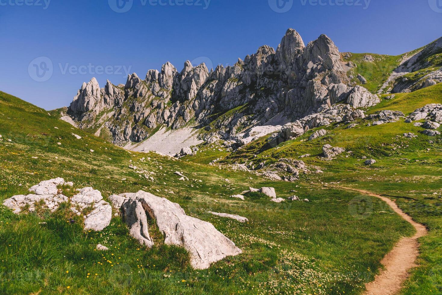 Scenic Alpine Landscape with Hiking Trail in Mountains photo