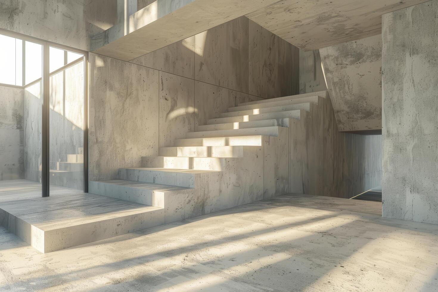 3d rendering of a concrete staircase in a modern house photo