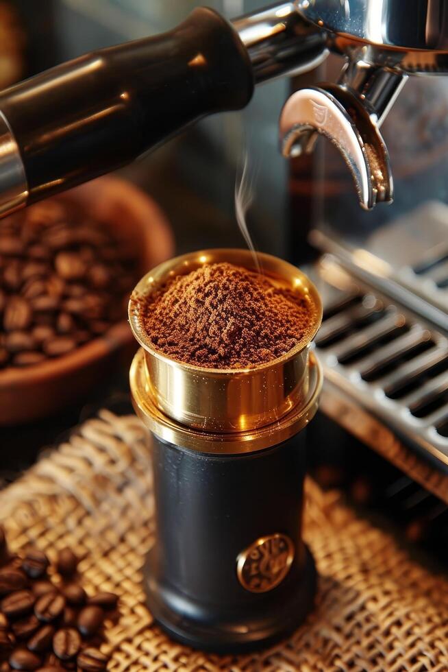 A coffee grinder is shown with a large amount of coffee beans in it photo