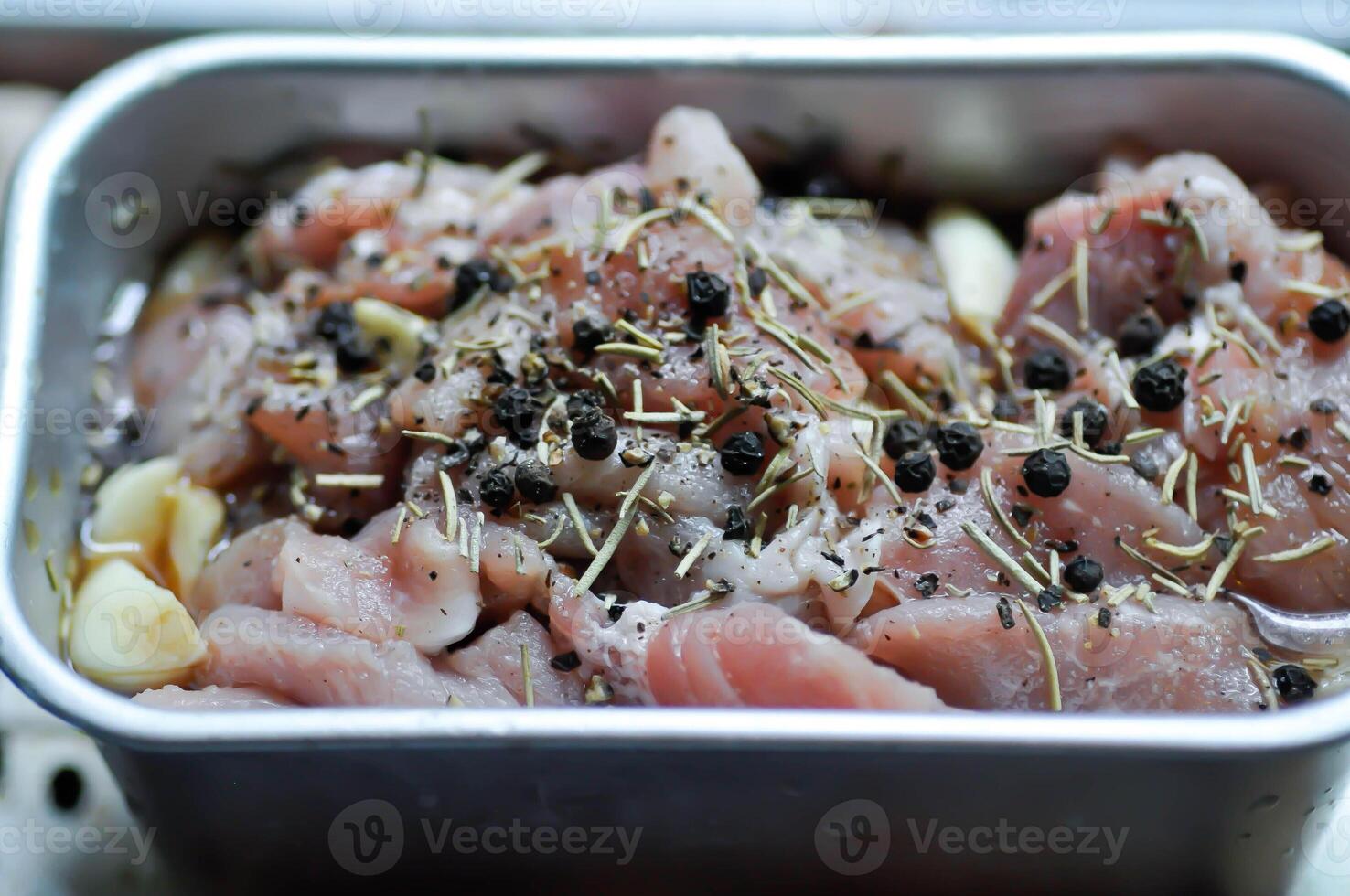 sliced pork for cook or raw pork or sliced pork and raw beef or Marinated pork photo