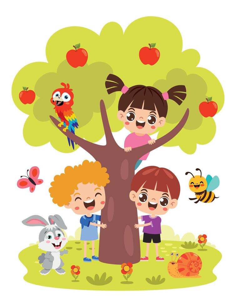 Cartoon Children Playing At Tree vector