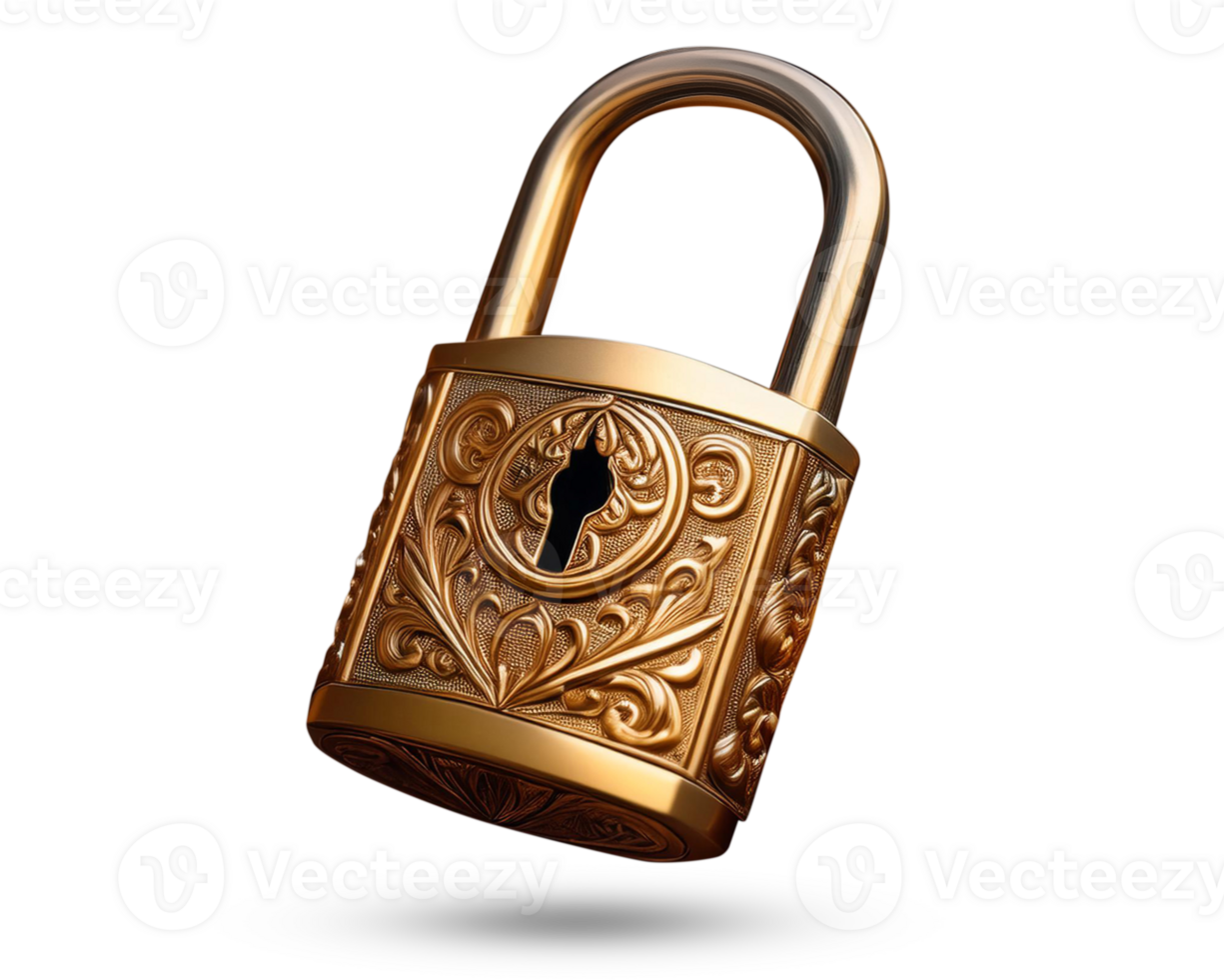 Close-Up of a Brass Lock with Intricate Details and Polished Finish png