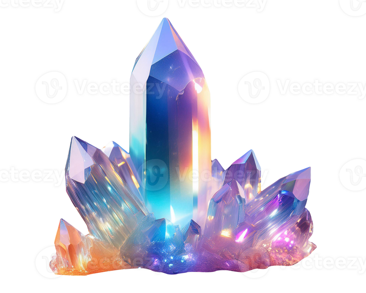 Close-Up Depiction of a Quartz Crystal with Sparkling Facets and Iridescence png