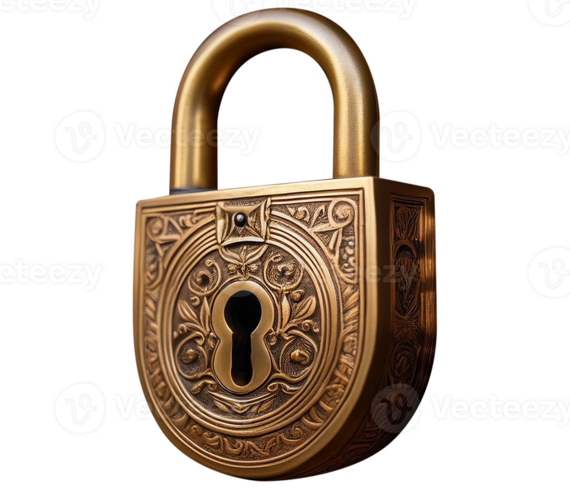 Close-Up of a Brass Lock with Intricate Details and Polished Finish png