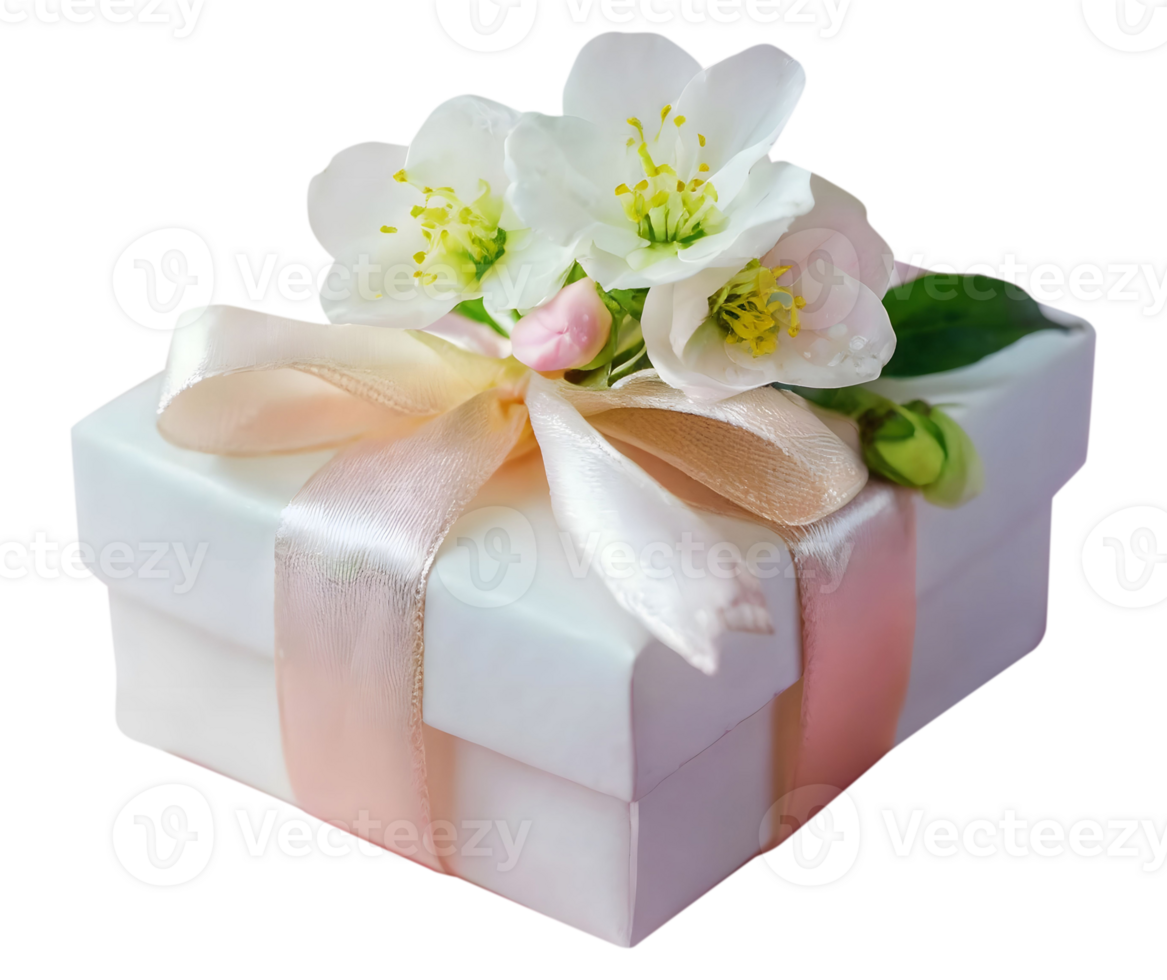 Cardboard gift box decorated with ribbon and flowers. Romantic present for love date. Design for wedding invitation and print card. png