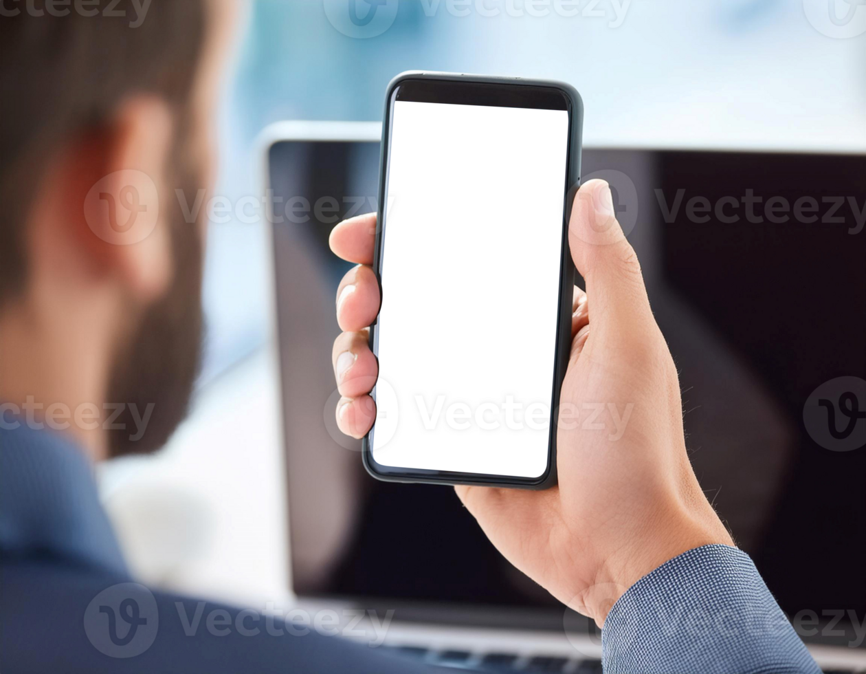 Man Holding Smartphone With Digital Wallet Interface in Modern Office Setting png