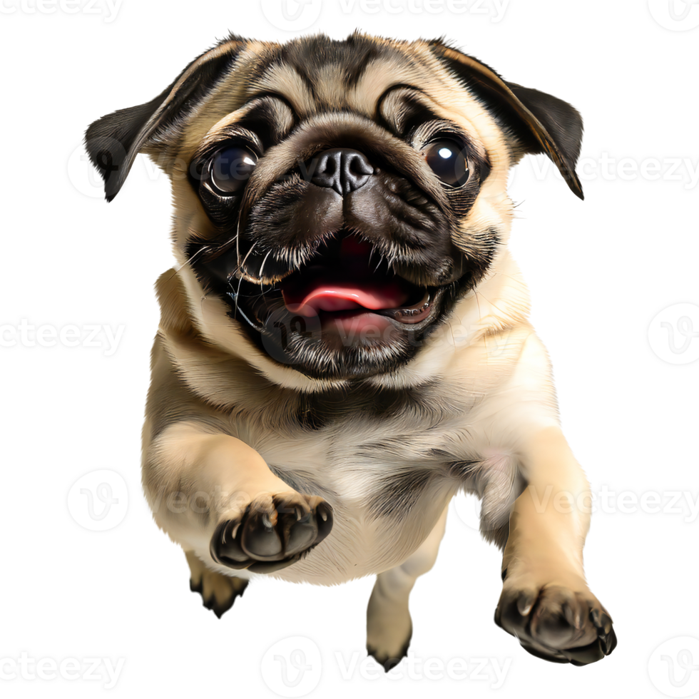Cute pug puppy jumping. Playful dog cut out at background. png