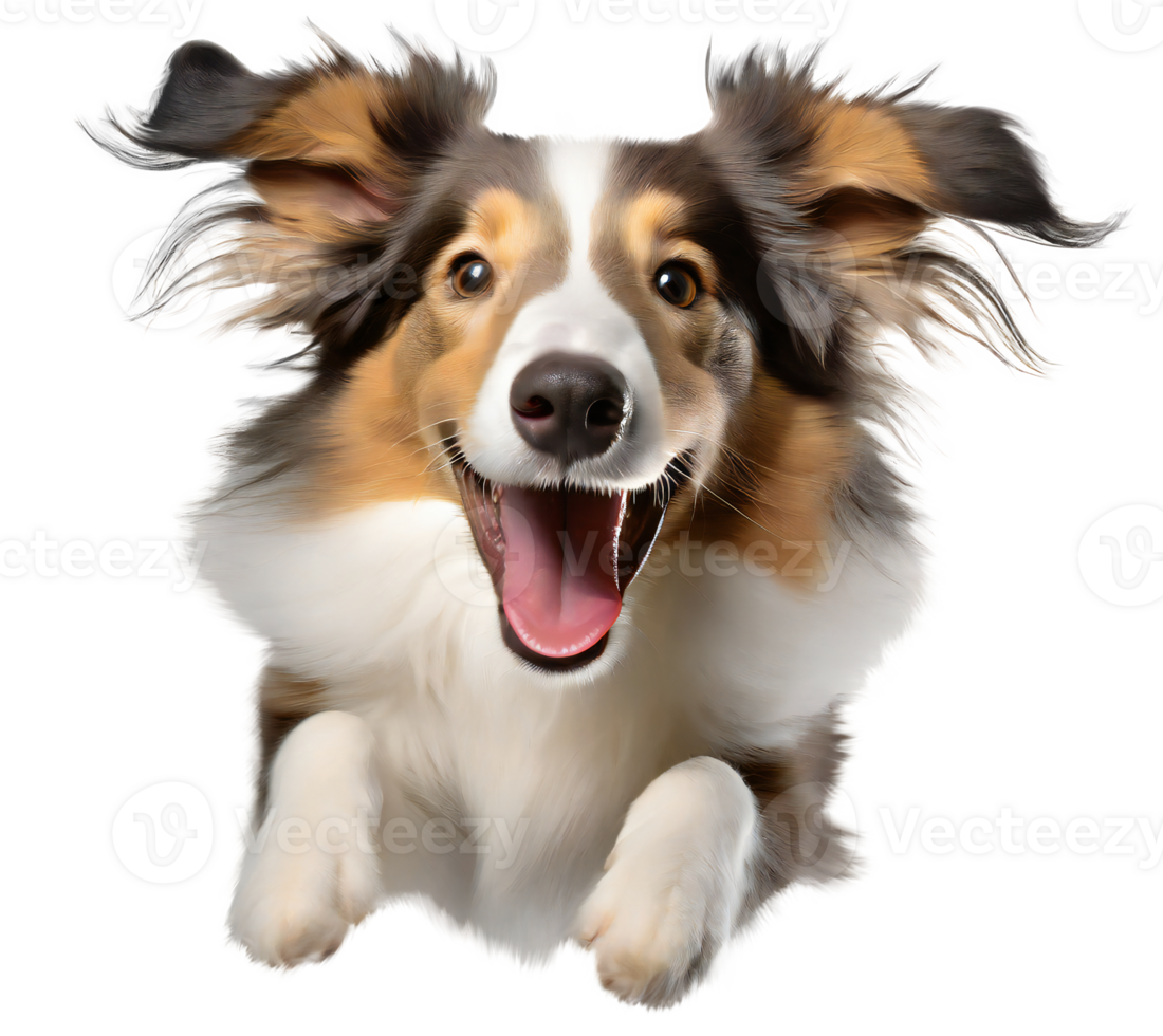 Cute collie puppy jumping. Playful dog cut out at background. png