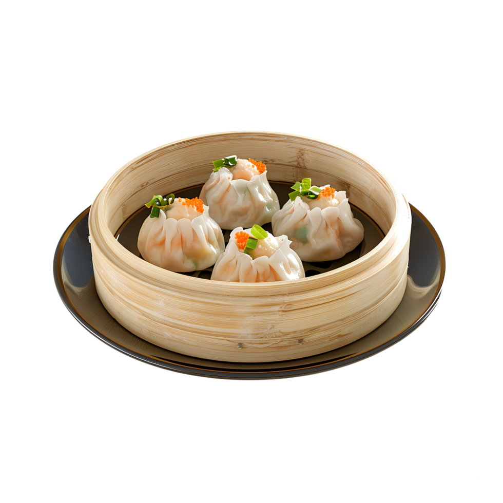 A wooden steamer with Dim Sum on a black plate png