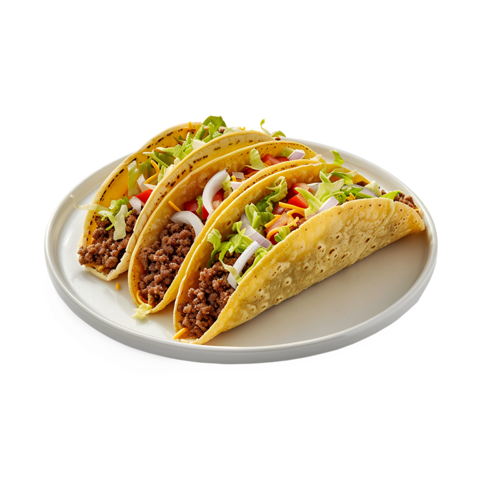 Three tacos on a white plate without background png
