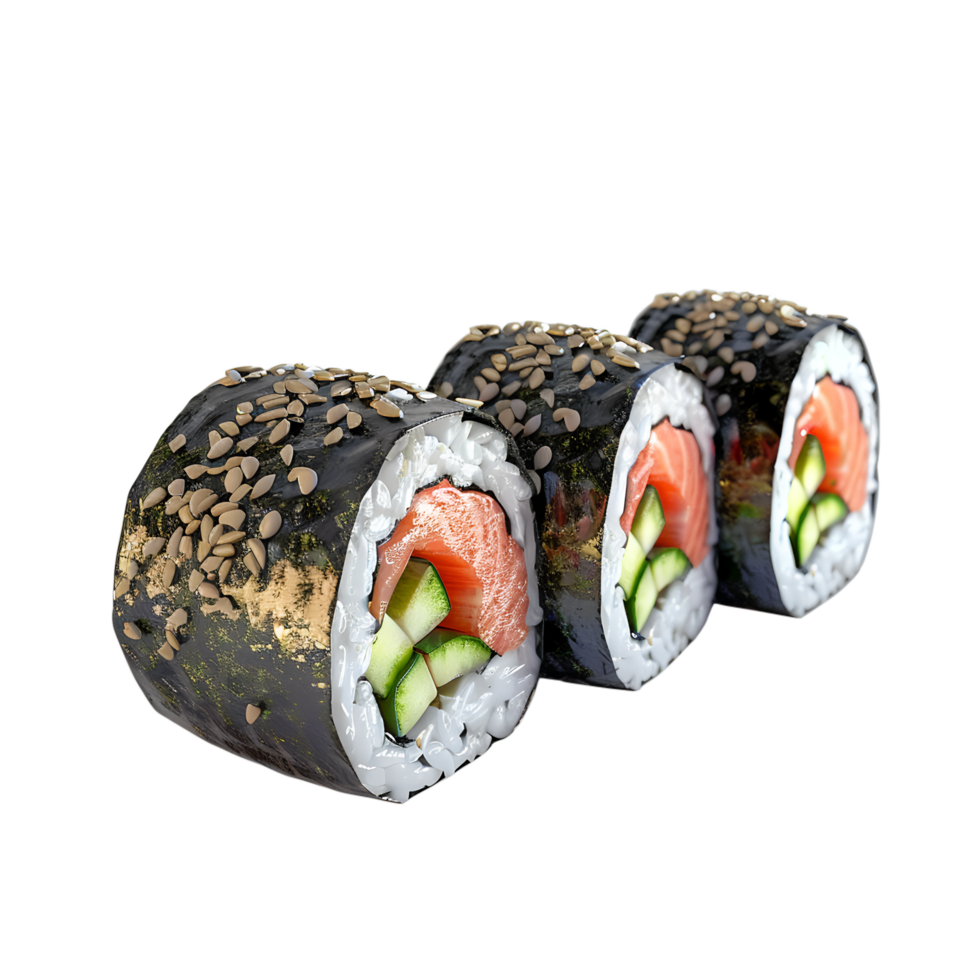 Three sushi rolls with cucumber and salmon on without background png