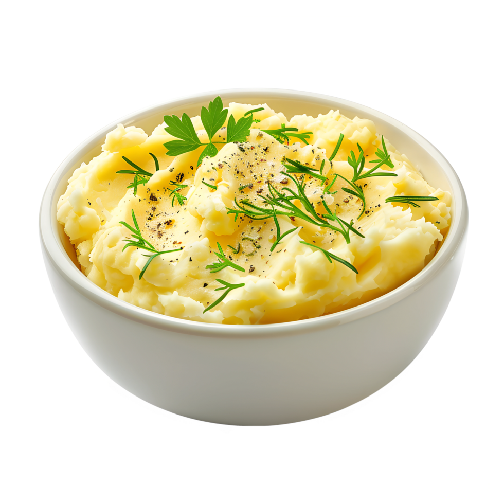 A bowl of mashed potatoes with herbs on top png