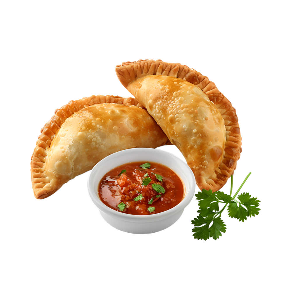 Two empanadas with sauce and a bowl of salsa png
