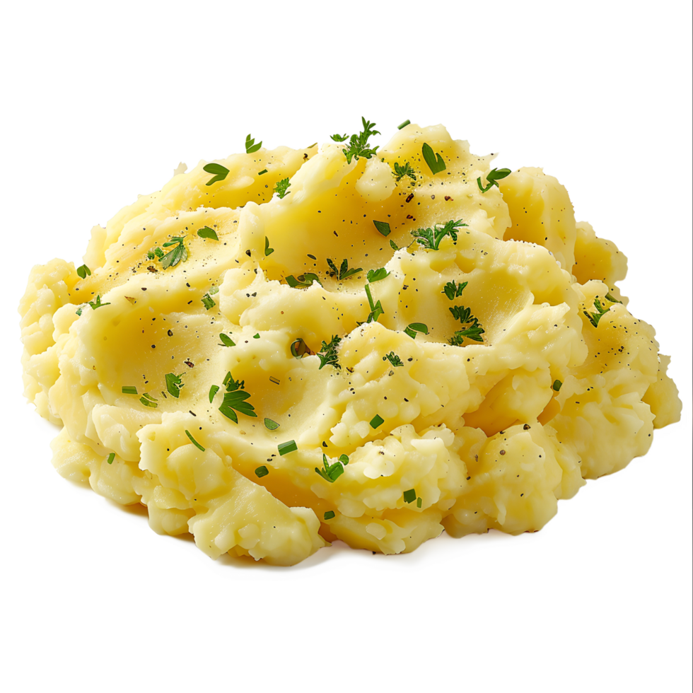 Mashed potatoes with parsley on a white plate png