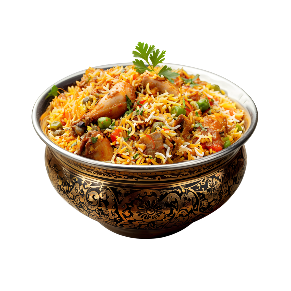 A bowl of rice and vegetables in a gold bowl png