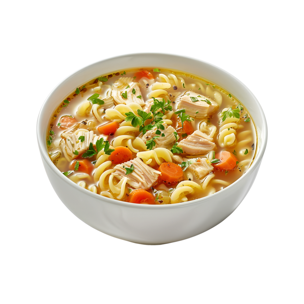 A bowl of chicken noodle soup with carrots and parsley png