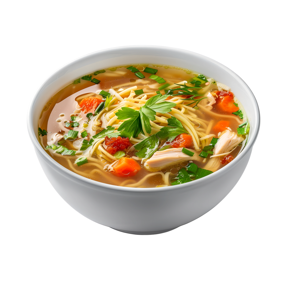 A bowl of soup with noodles and vegetables png