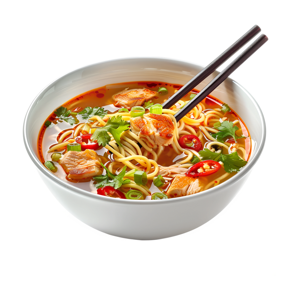 A bowl of soup with chopsticks in it png