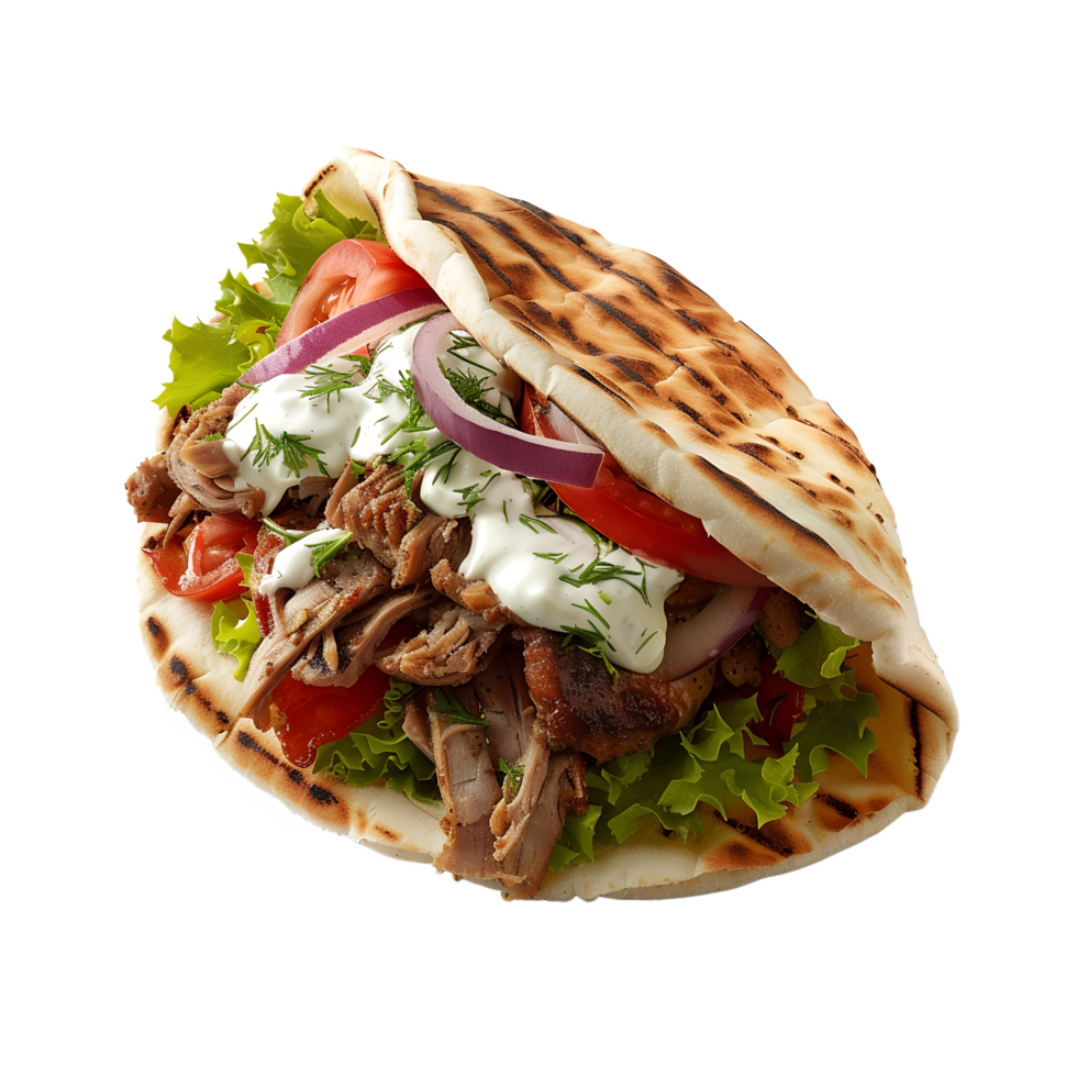 A pita with meat and vegetables on it png