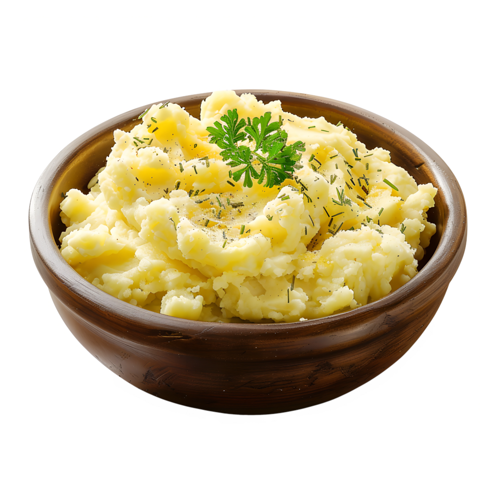 Mashed potatoes in a bowl with parsley png