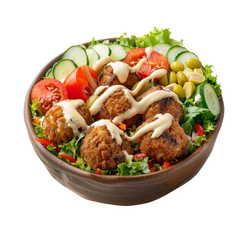 A bowl of meatballs and vegetables with sauce png