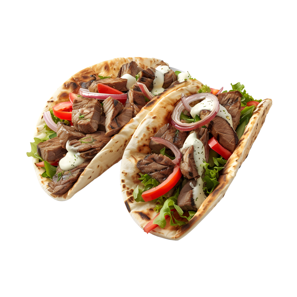 Two pita breads with meat and vegetables png
