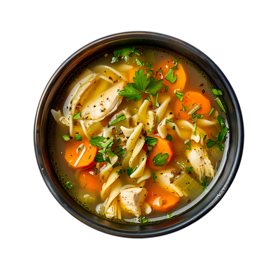 A bowl of chicken noodle soup with carrots and herbs png