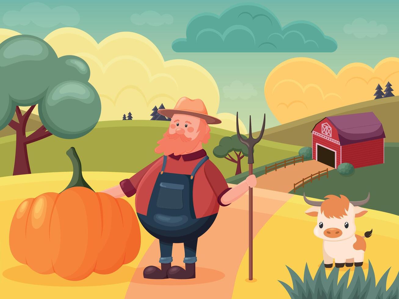 Farm landscape illustration, Scene with calf, barn, farmer and pumpkin. Cozy autumn nature background with farm vector