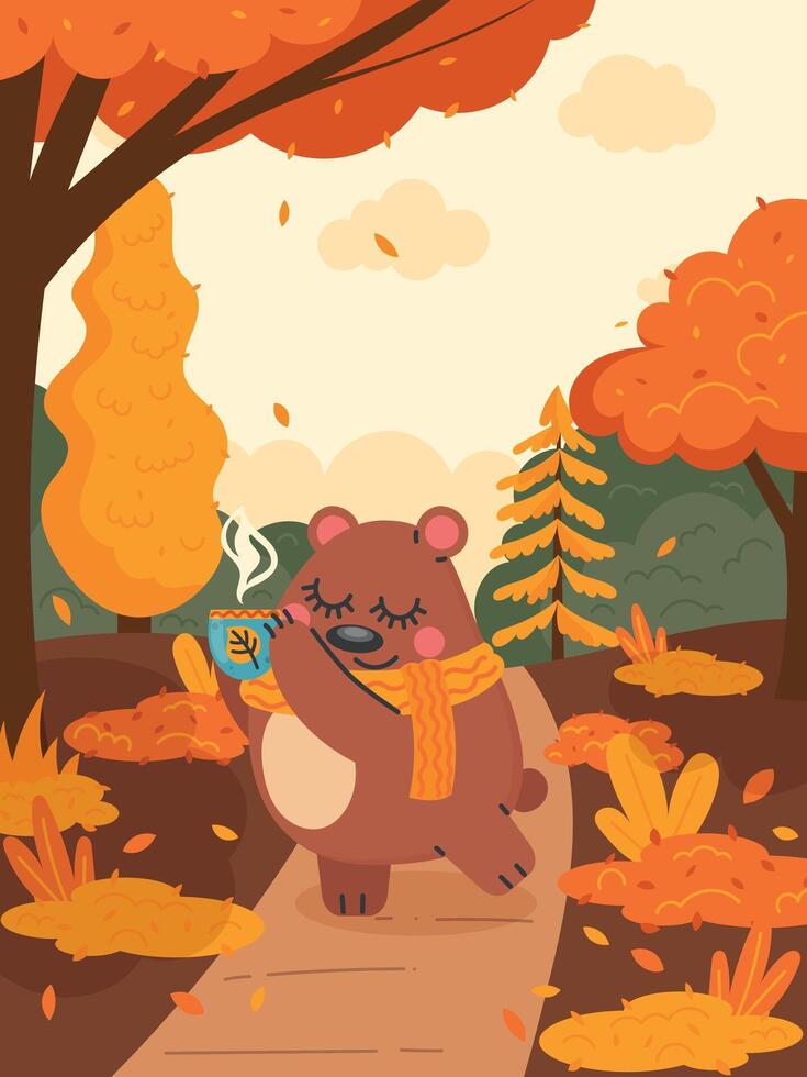 autumn composition, a bear in a scarf with a mug of warm drink stands in the forest on a path, red and orange trees vector