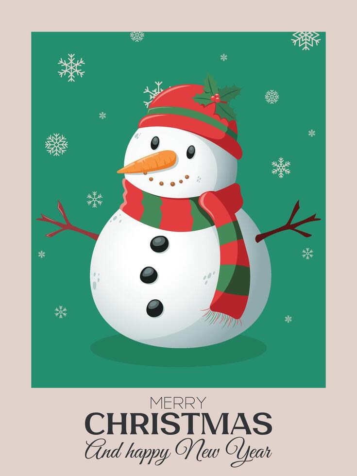 merry christmas and happy new year snowman poster, snowman in a hat and scarf, postcard with snowflakes vector