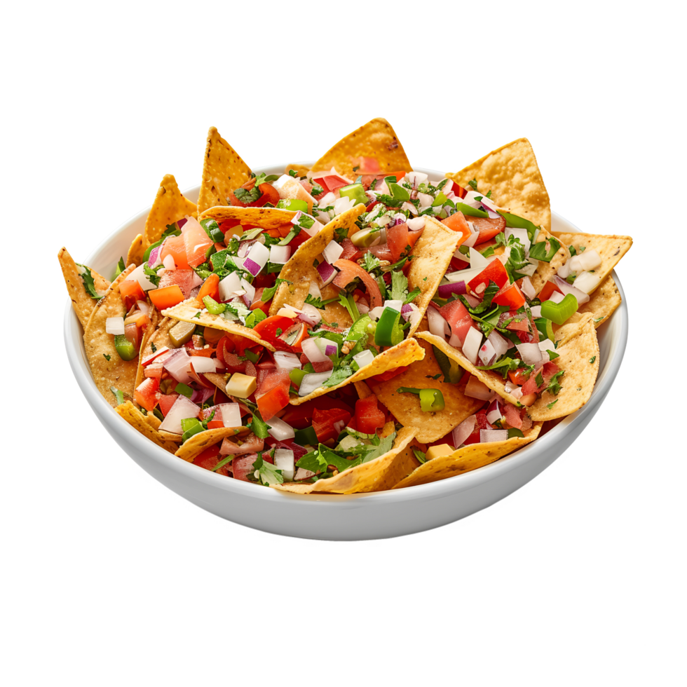 A bowl of nachos with salsa and vegetables png