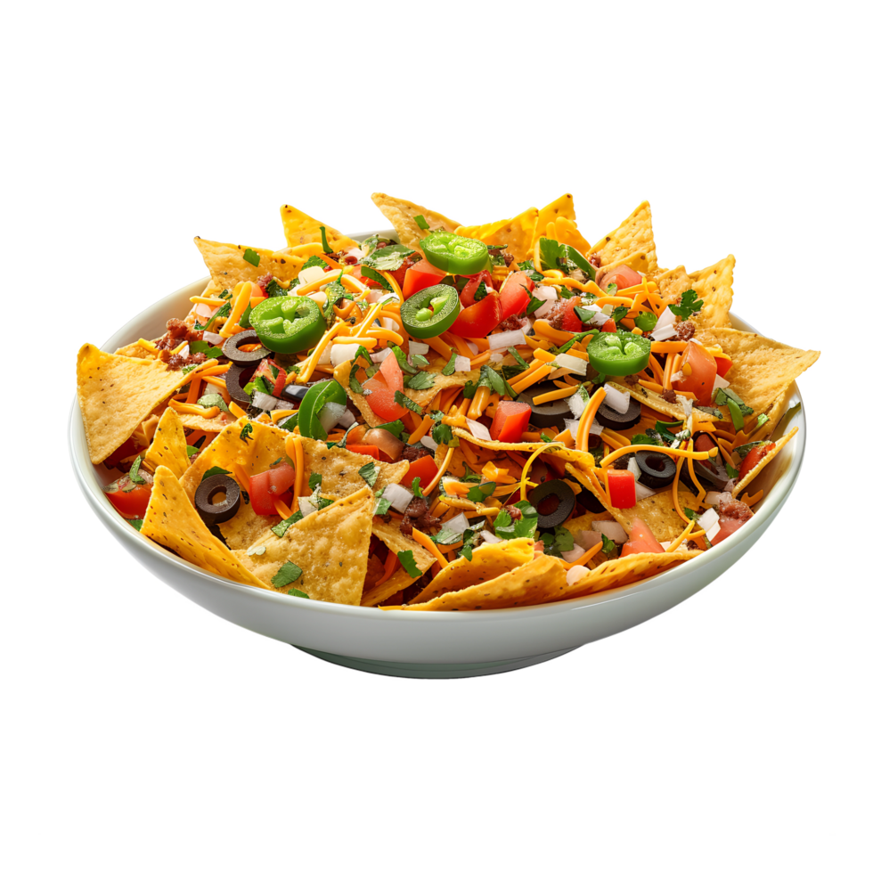 Nachos in a bowl with salsa and peppers png