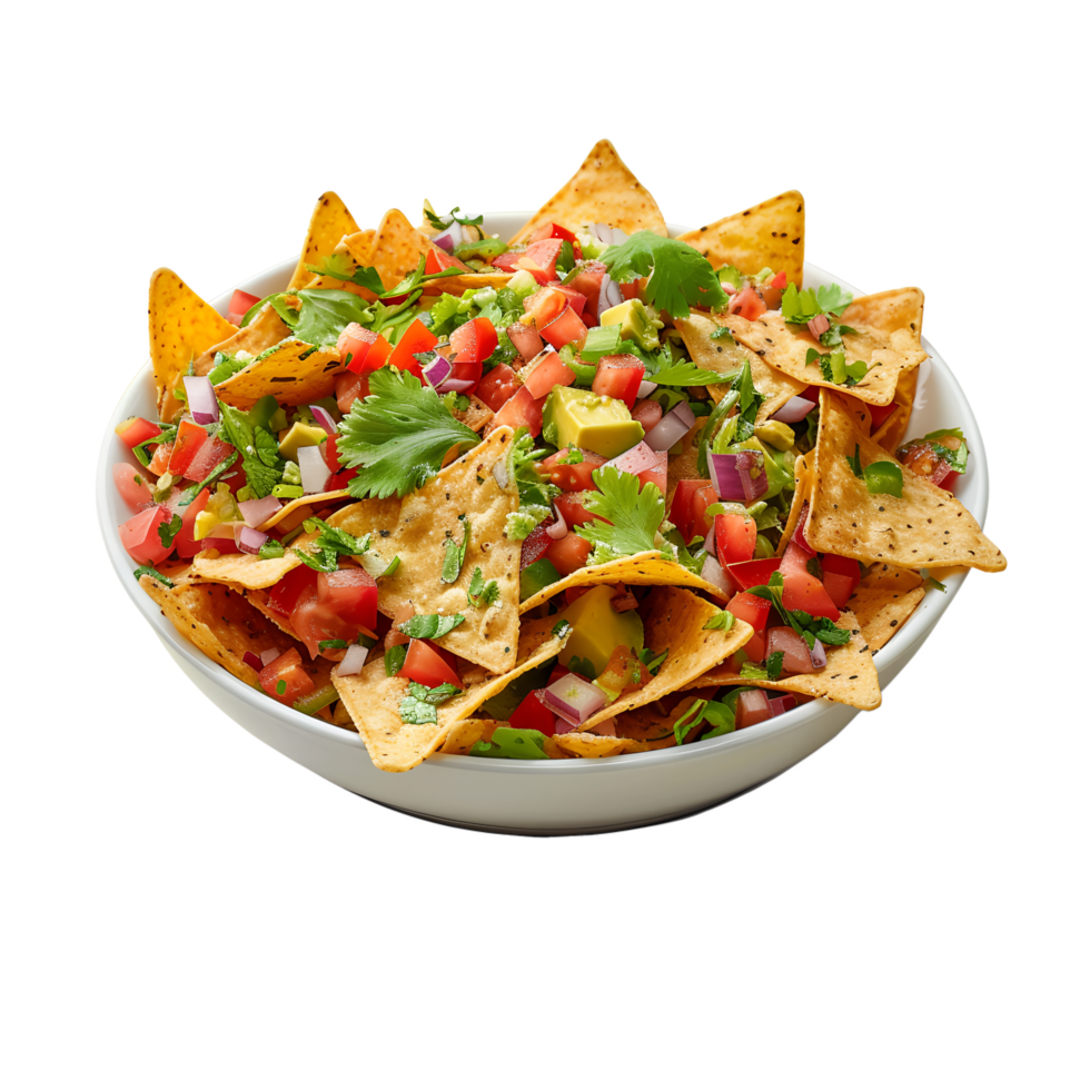 A bowl of nachos with tomatoes, onions and cilantro png