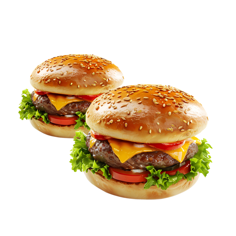 Two hamburgers with cheese and lettuce on them png