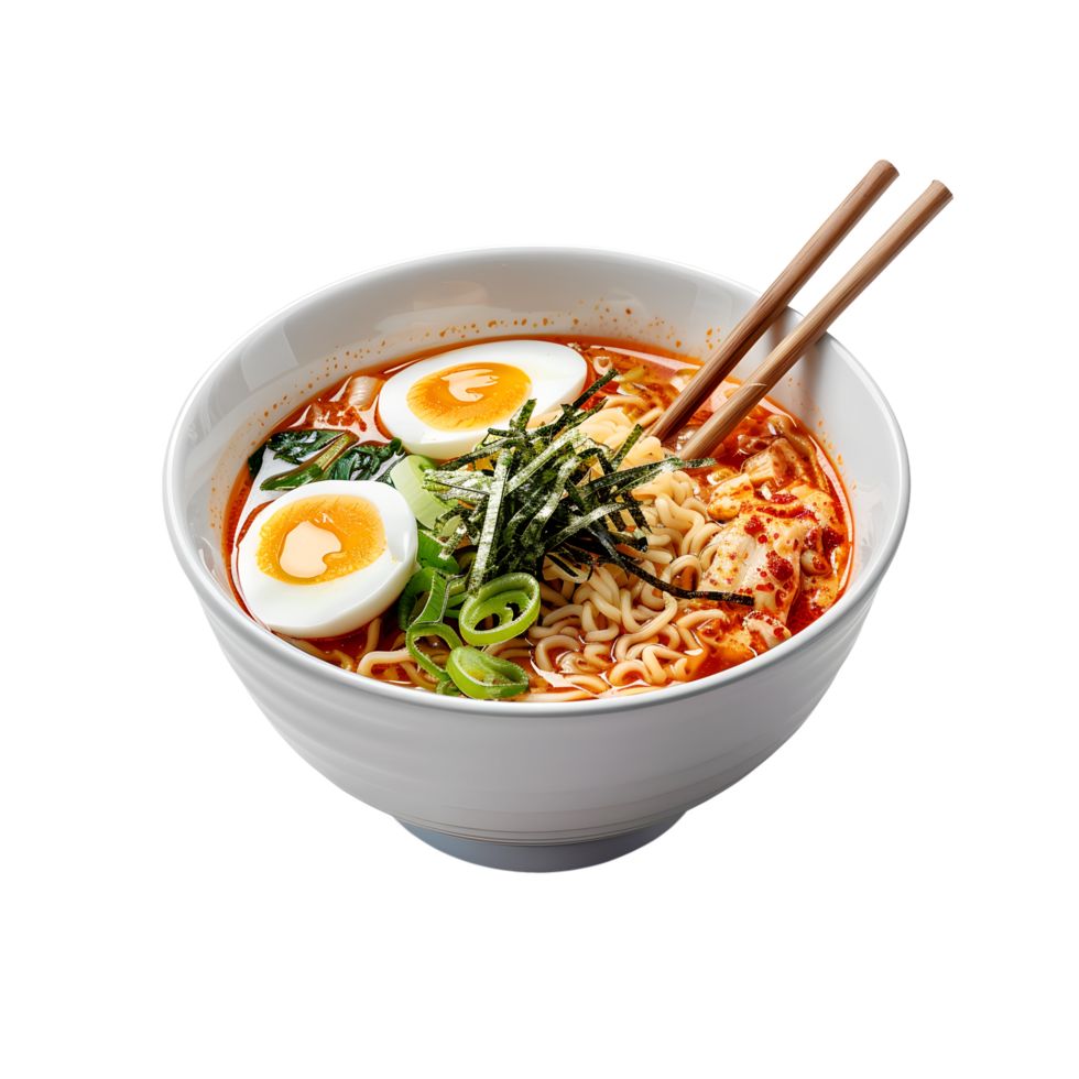 A bowl of ramen with an egg and chopsticks png