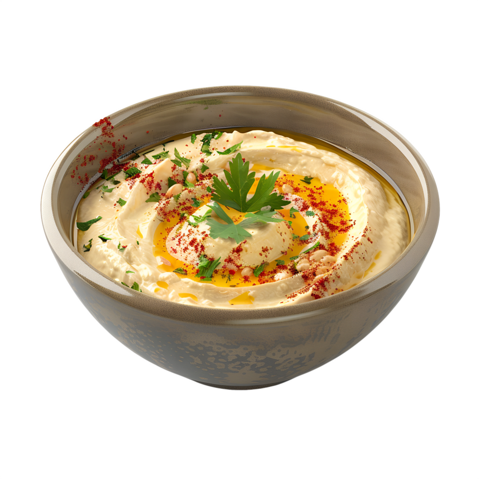 A bowl of hummus with parsley and parsley png