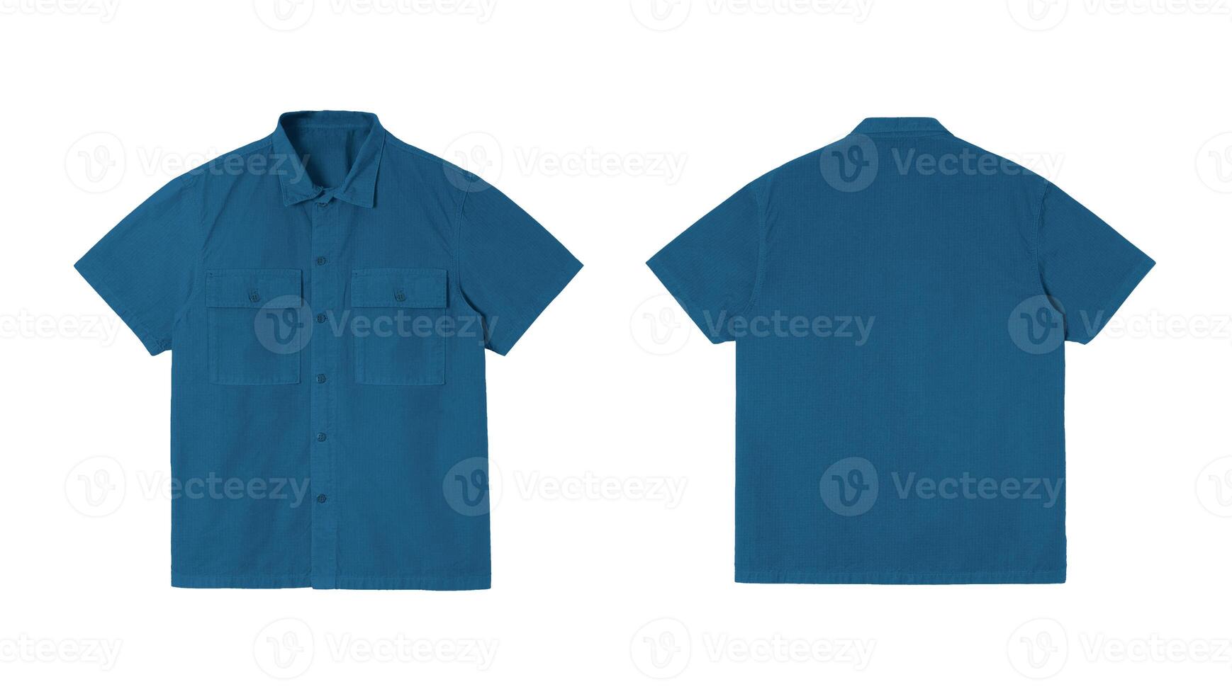 Blue shirt mock up, front and back view, isolated on white background. Perfect for branding or design projects. photo