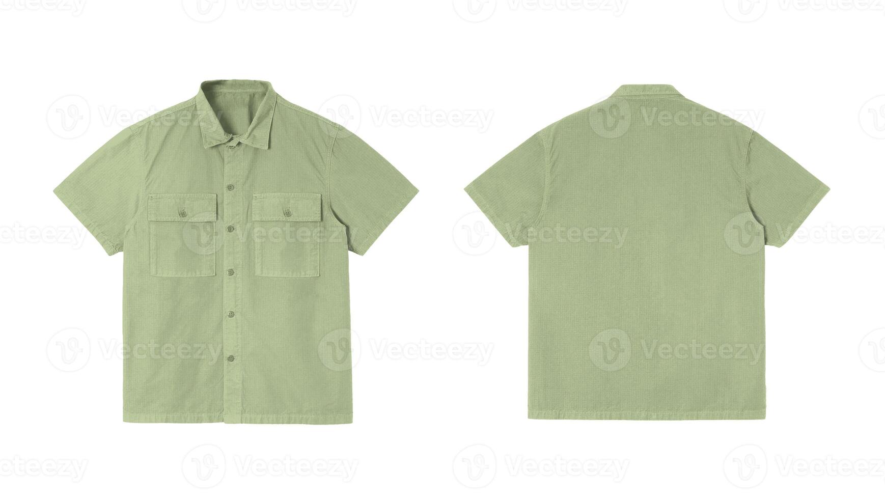 Green short sleeve shirt with button up front and two front pockets. This shirt is perfect for casual outings and is comfortable to wear. photo