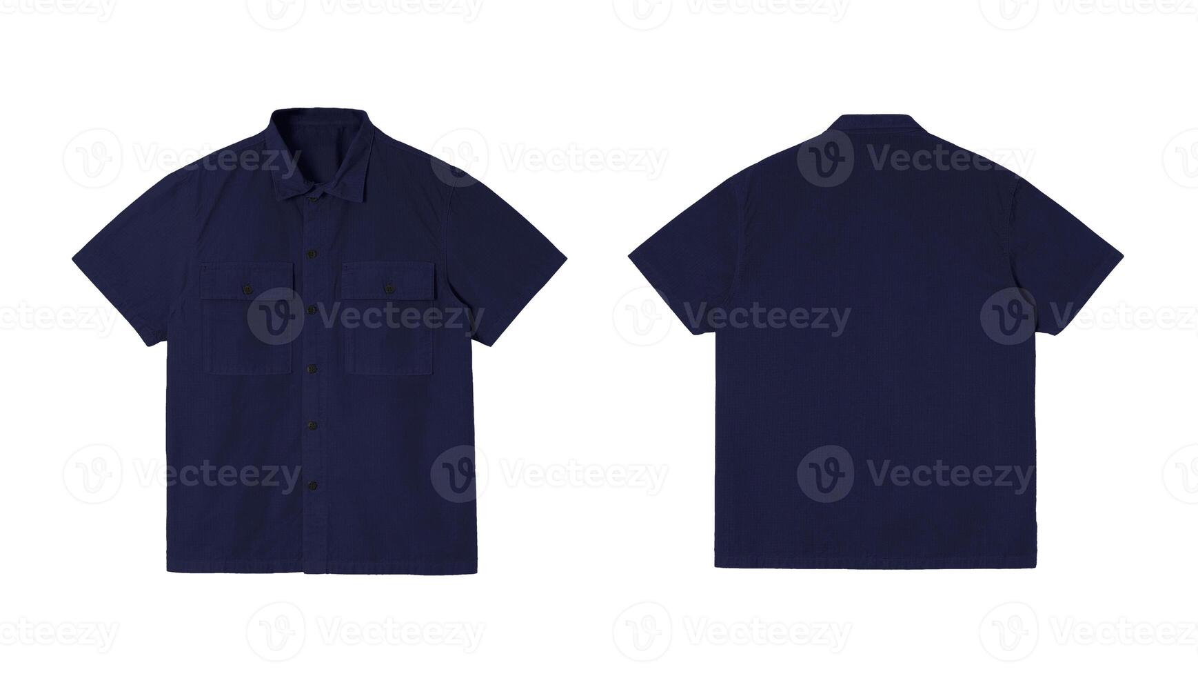 Navy blue short sleeved polo shirt mock up for branding and design. Isolated on white background, front and back views. photo