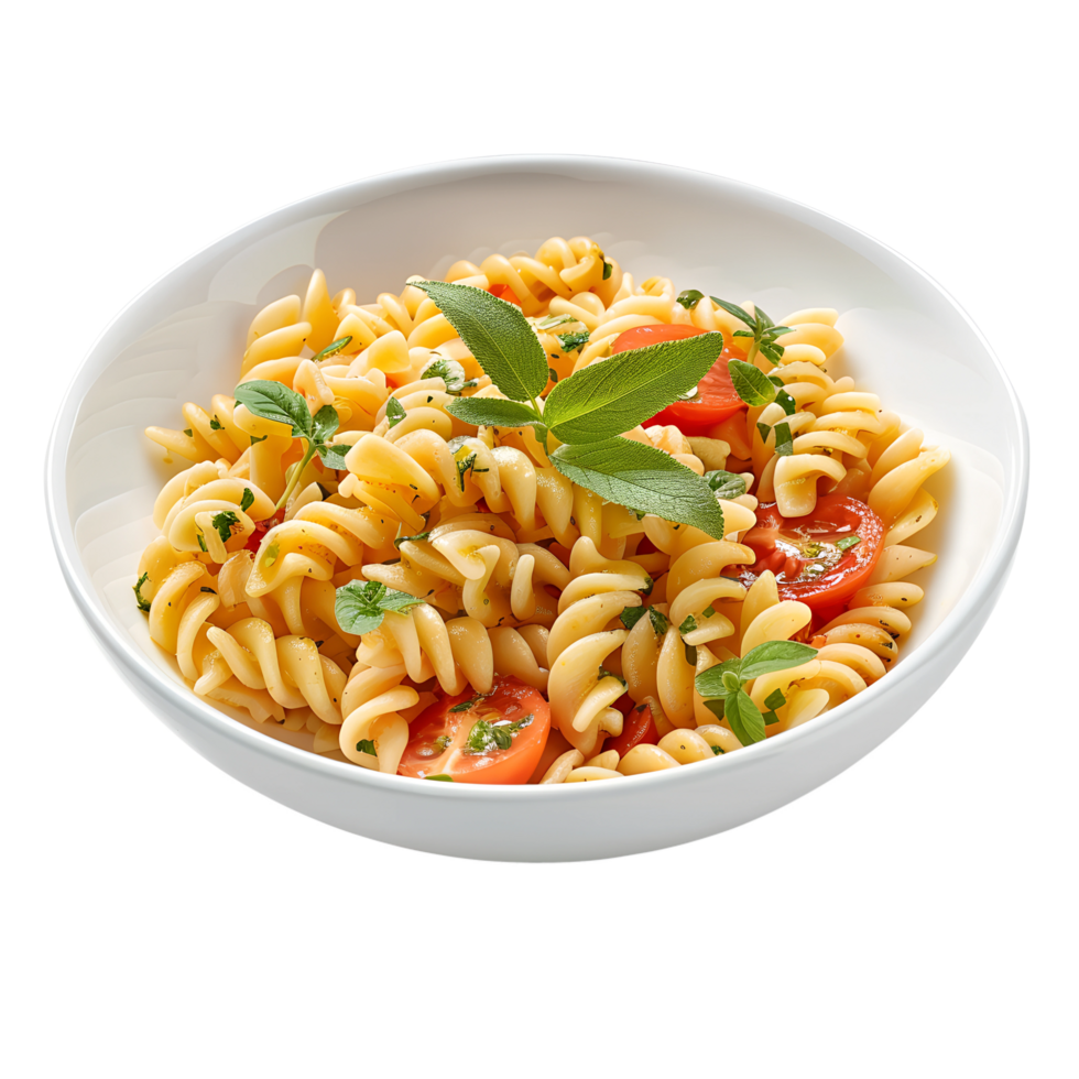 Pasta with tomato and basil in a white bowl png