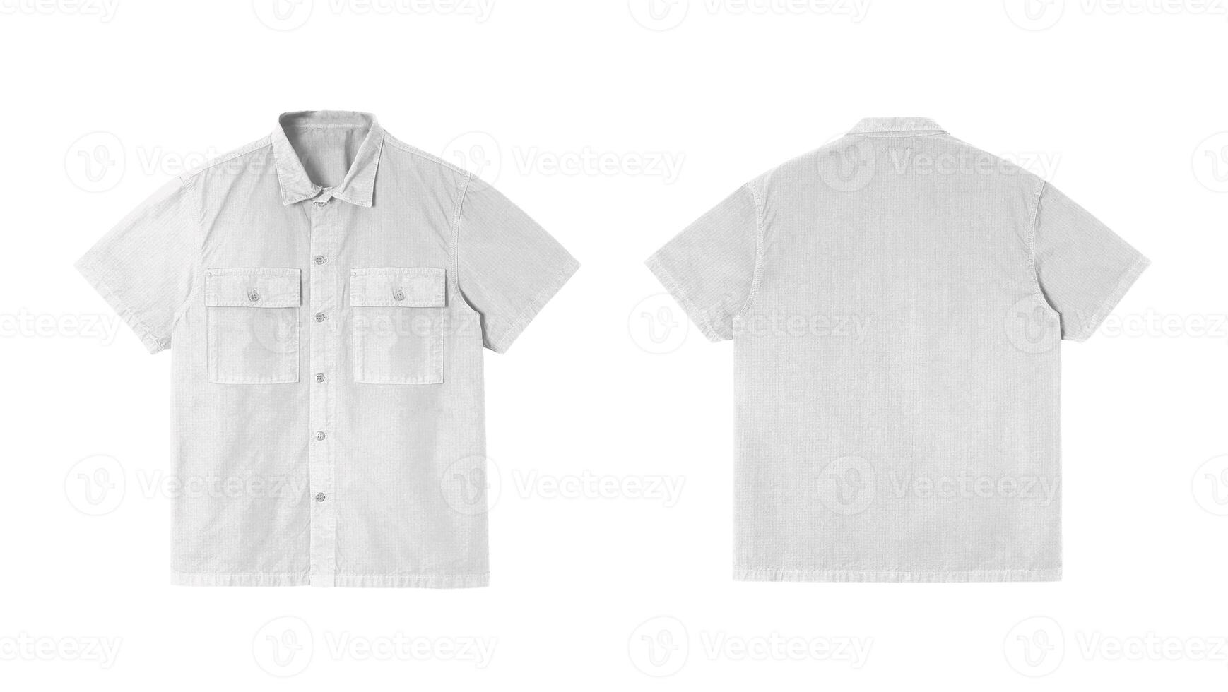 White short sleeved shirt with two pockets on the front and a button down collar. photo