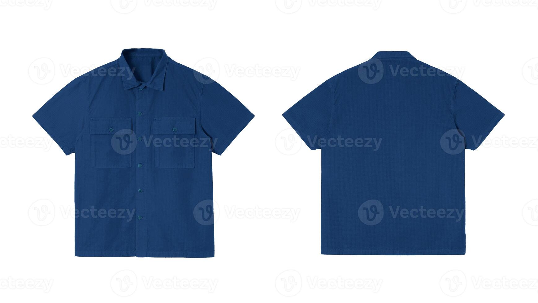 Front and back view of a plain blue polo shirt isolated on white background. photo